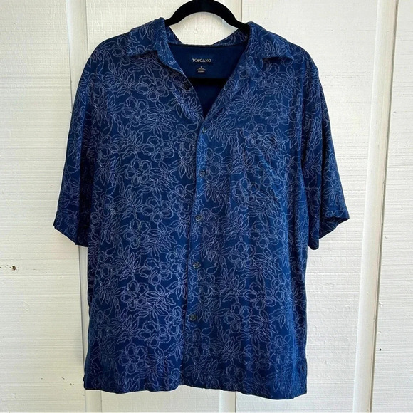 Men’s Toscano 100% Silk Short Sleeve All Over Stitched Print Button Down Shirt - Picture 1 of 8